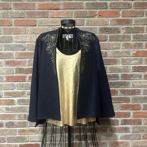 Beyond Vintage Jackets & Blazers - Beyond Vintage Navy Blue/Gold Embroidery Blazer & Free Gold Cami Size Large